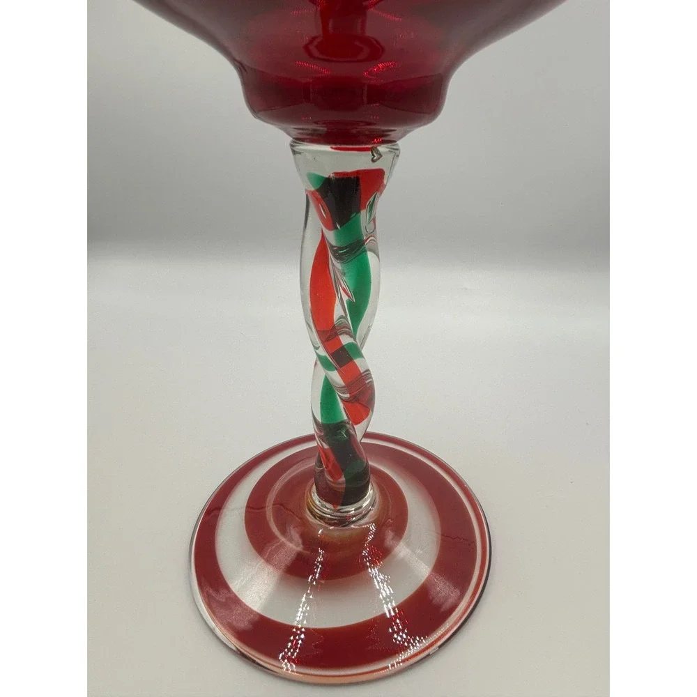Hand Blown Poland Glass Goblet Red Green White Twisted Stem Spiral‎ Base Holiday